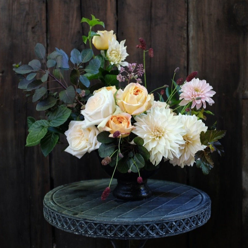 Cambridge Floral Urn Arrangement: Designed with Garden Roses, Dahlias and Smoke Bush. Michler's Florist in Lexington, KY