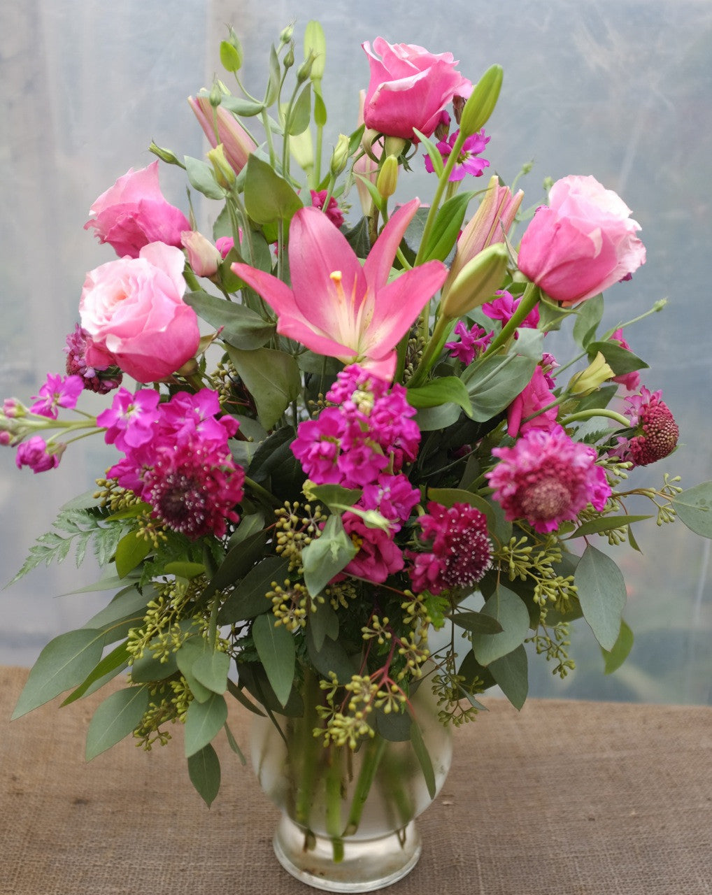 Adelaide Flower Arrangement with Roses, Lilies, and Matthiola 