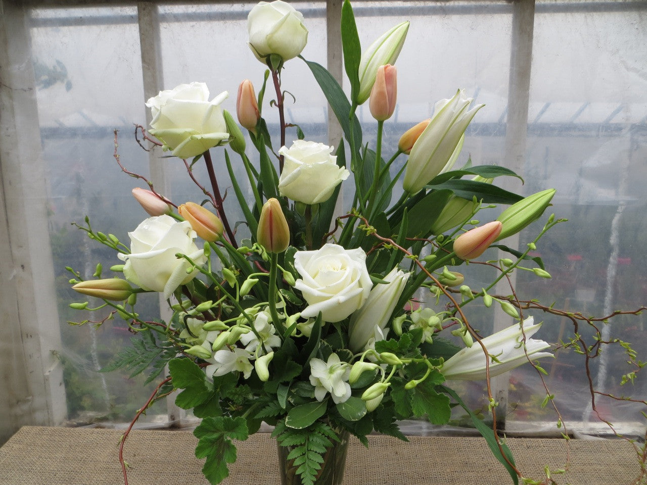 White and Peach Floral Vase Arrangement. Designed by Michler's Florist in Lexington, KY