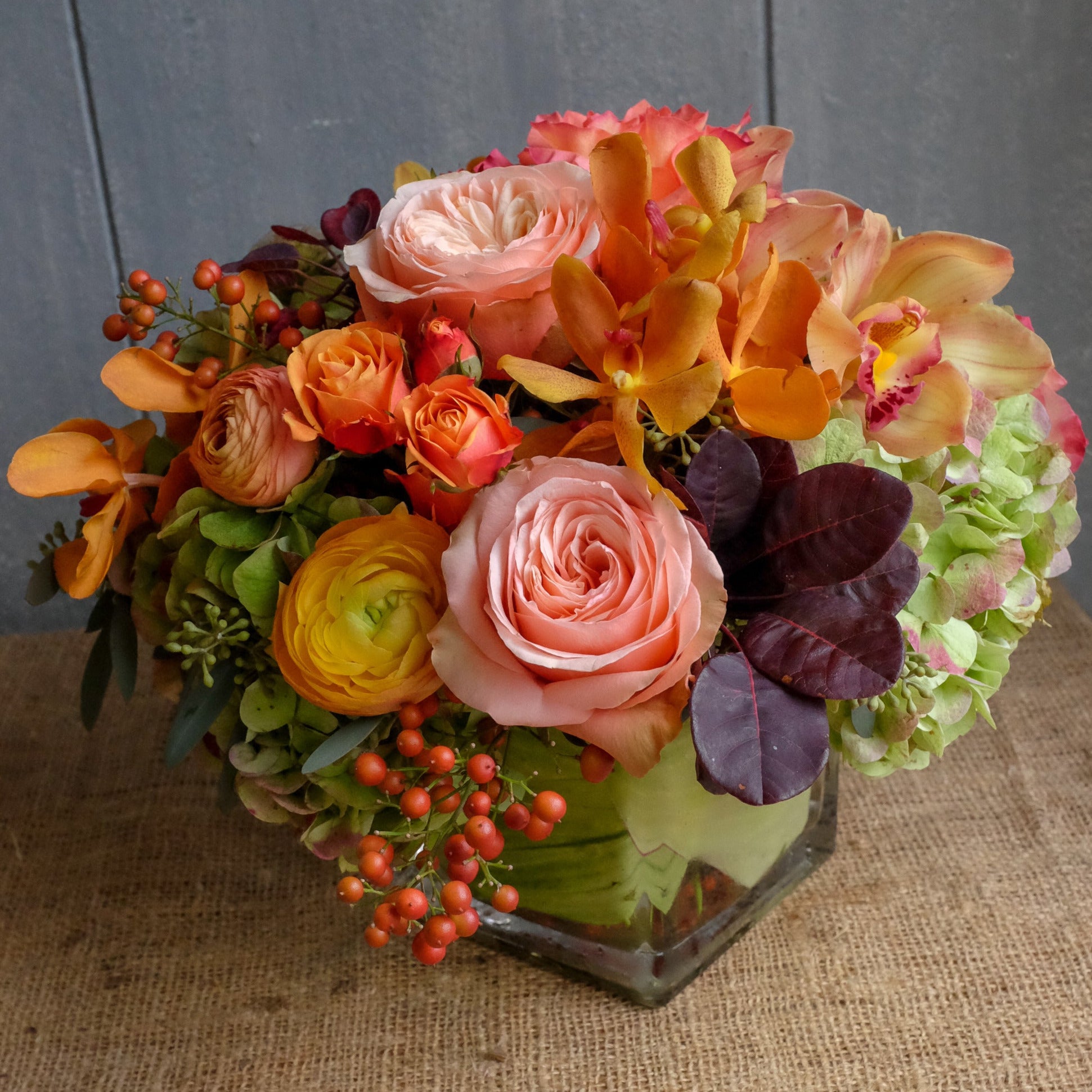 Autumn and Thanksgiving Centerpiece with Orchids, Antique Hydrangea and Ranunculus | Michler's Florist