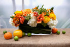 Alice: Thanksgiving centerpiece with citrus, ranunculus, tulips and Ornithogalum dubium