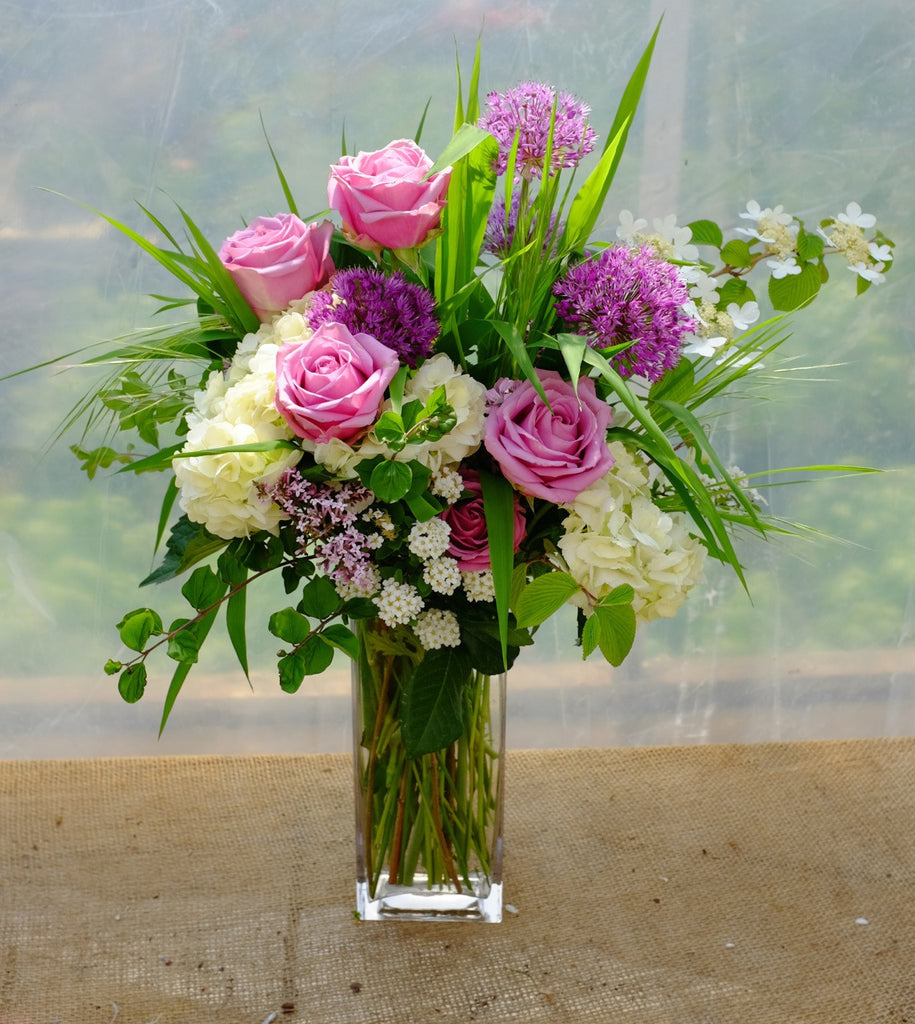 Cottage Garden: Flower Vase with roses, alliums, deutzia, and hydrangea | Michler's Florist