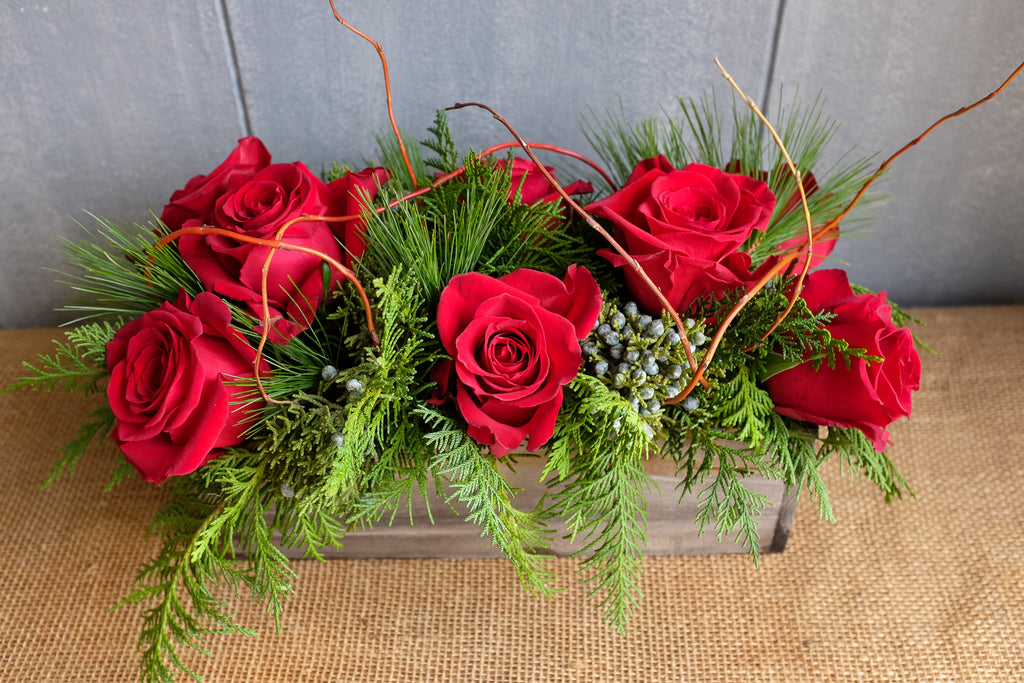 Red Rose Christmas Centerpiece in Wooden Box