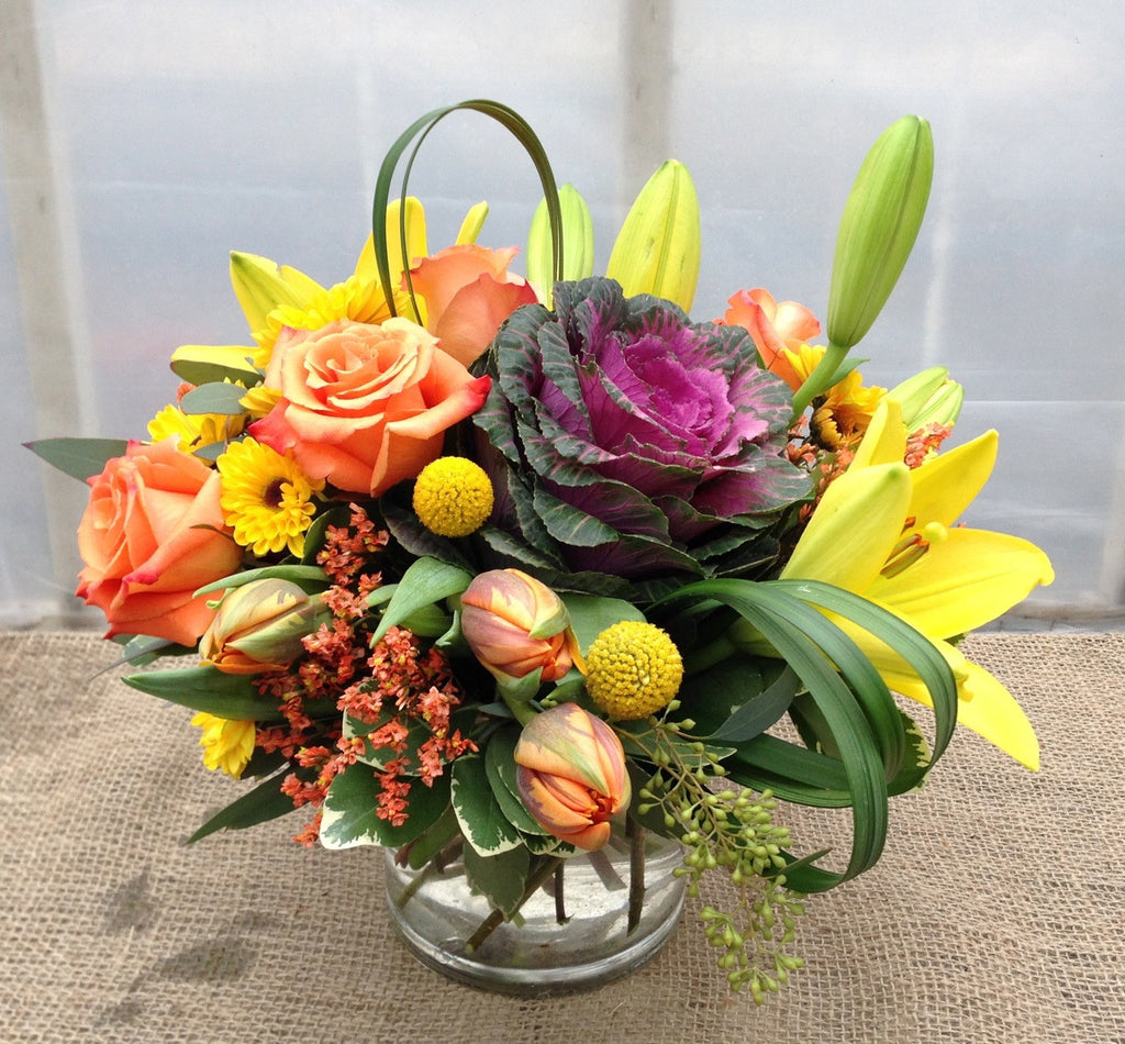 Arlington Flower Arrangement with double Tulips, Billy Balls, Roses, and Kale. Designed by Michler's Florist in Lexington, KY