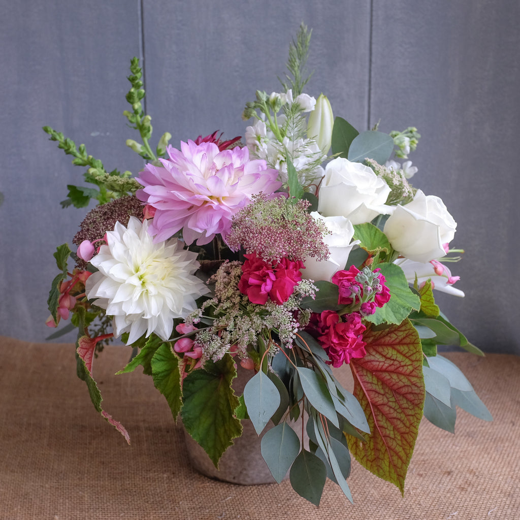 flower arrangement with dahlias, roses, lilies, Queen Anne's lace, and stock by Michler's Florist in Lexington, KY