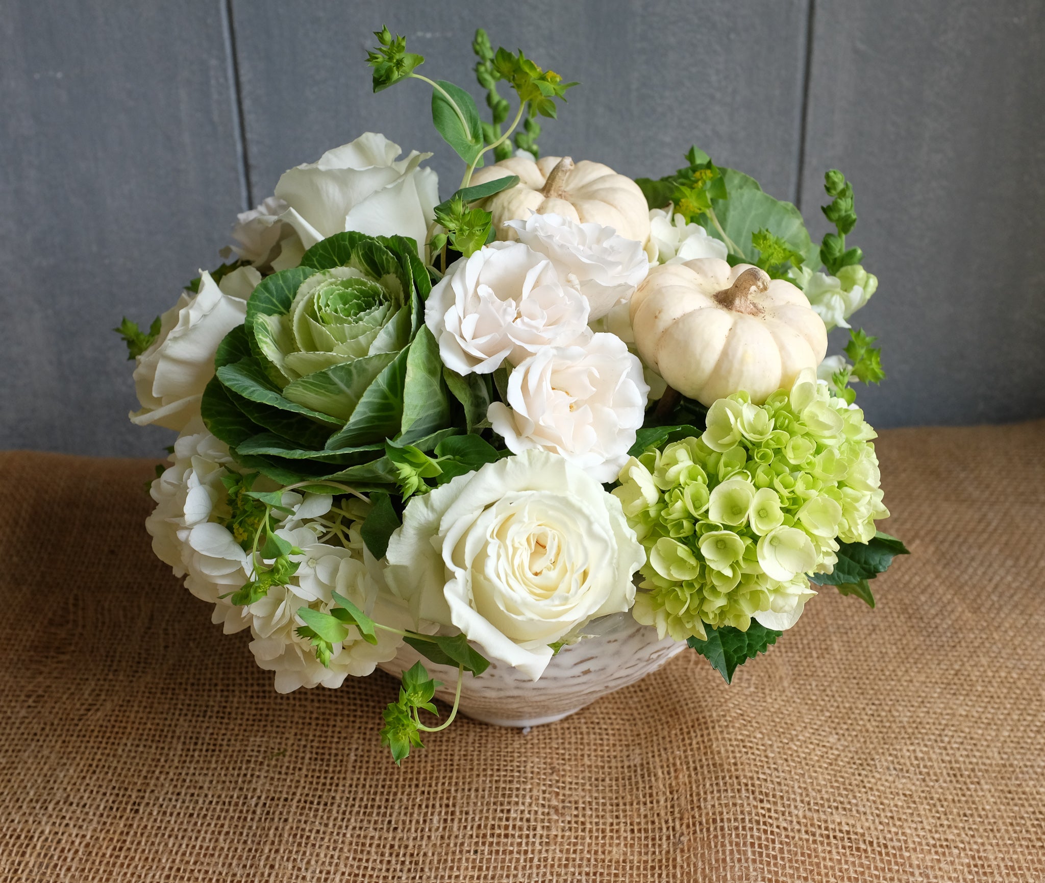 Contemporary Floral Bouquet in tones of white and green with seasonal elements