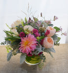 Sunnymead: Flower design with Dahlia, Garden Roses, and Toad Lilies (Tricyrtis) | Michler's Florist