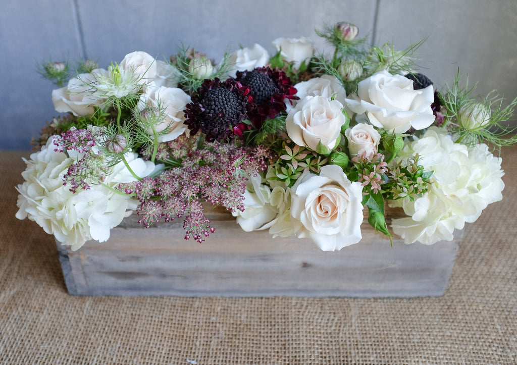Unique Floral Bouquet of white flowers with touches of blush and burgundy