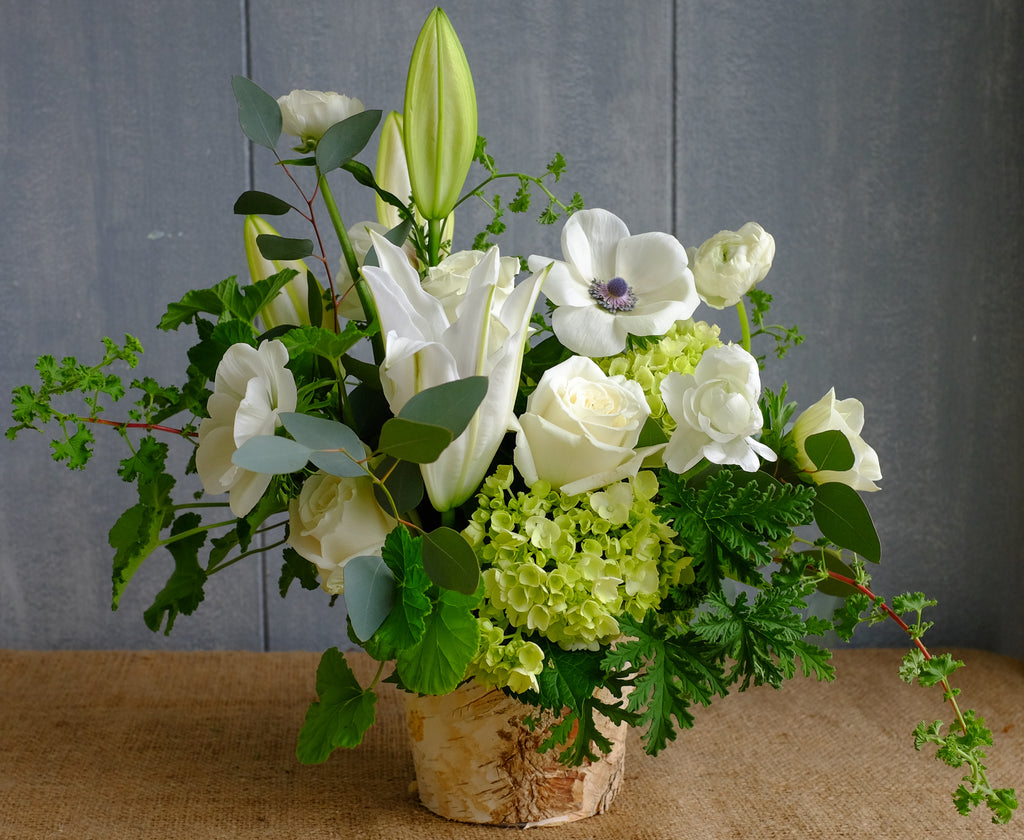 Woodsong Floral Bouquet with White Anemones, Lilies and Lemon Geranium Foliage | Michler's