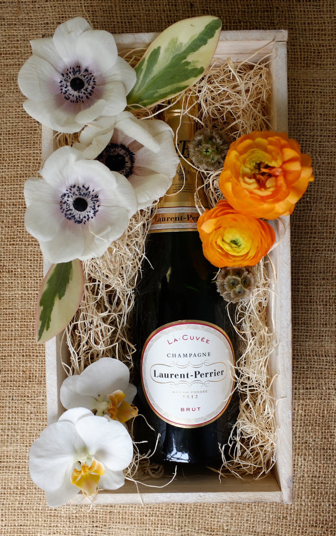 Champagne gift crate with orchid, anemone, and ranunculus blooms