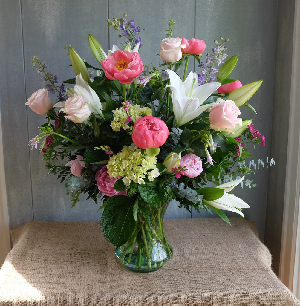 Elise Flower Bouquet with Coral Charm Peonies, Roses and Casa Blanca lilies by Michler's Florist