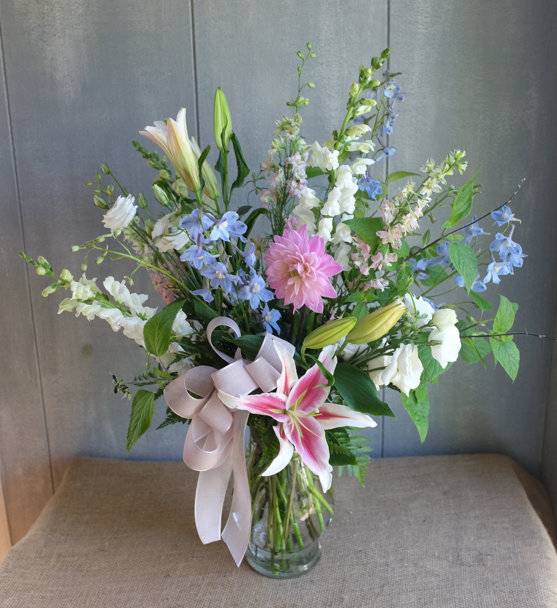 Tall and elegant bouquet of pastel flowers