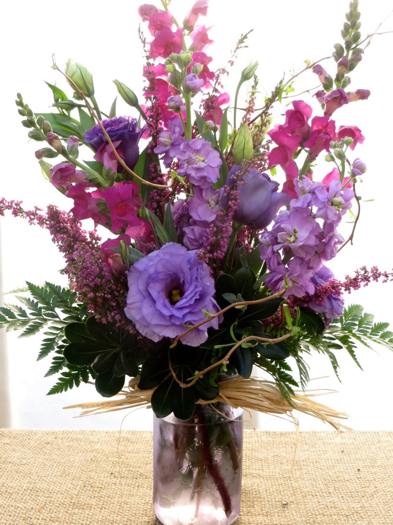Lakeshore Flower Arrangement: Pink Snapdragons, Lavender Lisianthus and Lavender Stock.  Designed by Michler's in Lexington, KY