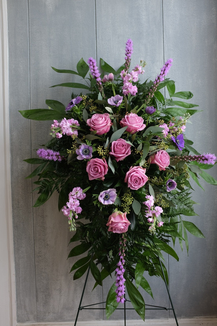 Bridgewater Funeral Flower Easel Spray with Liatris, Lavender Roses, Anemones and Stock | Michler's Florist