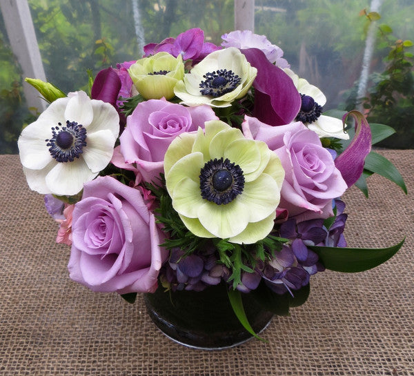 Adair Flower Arrangement with lavender roses, white anemones, and purple calla lilies in Lexington, KY by Michler's Florist | Anemones, Roses and Calla Lilies
