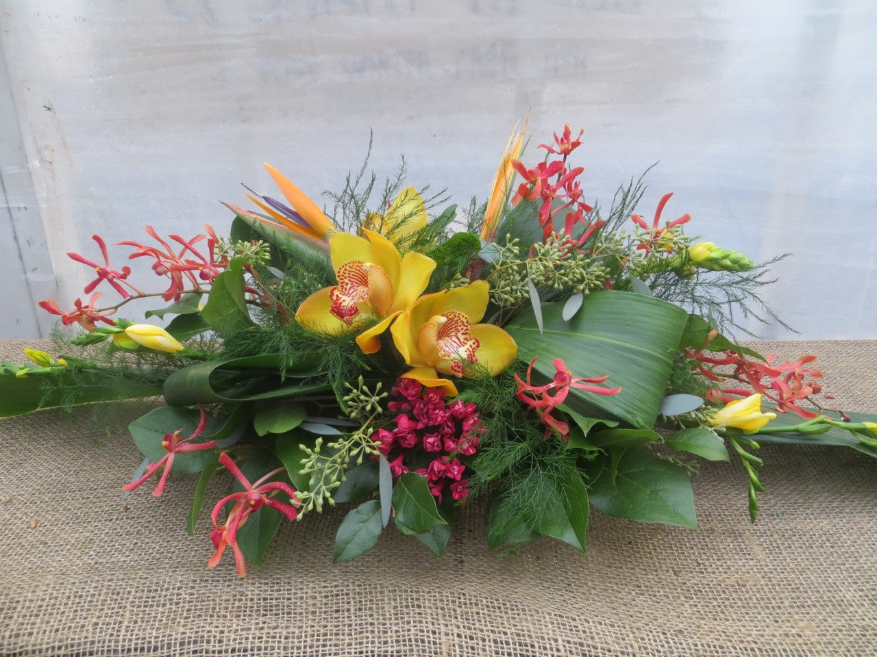 Naples: Thanksgiving floral centerpiece with Cymbidium Orchids, Birds of Paradise, and Aranthera Orchids | Michler's Florist