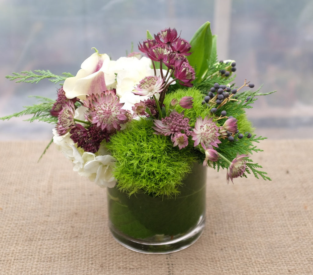 Providence Flower Design: Green Trick Dianthus, Astrantia, and Roses. Designed in Lexington, KY by Michler's Florist 