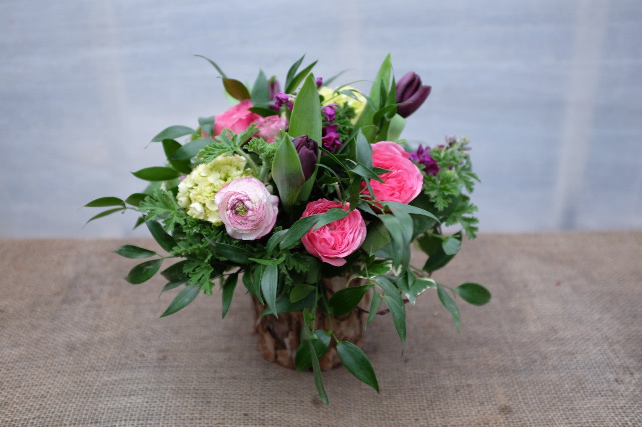Remora: Flower Arrangement with Cappuccino Ranunculus, Purple Tulips and Pink Garden Roses | Michler's Florist