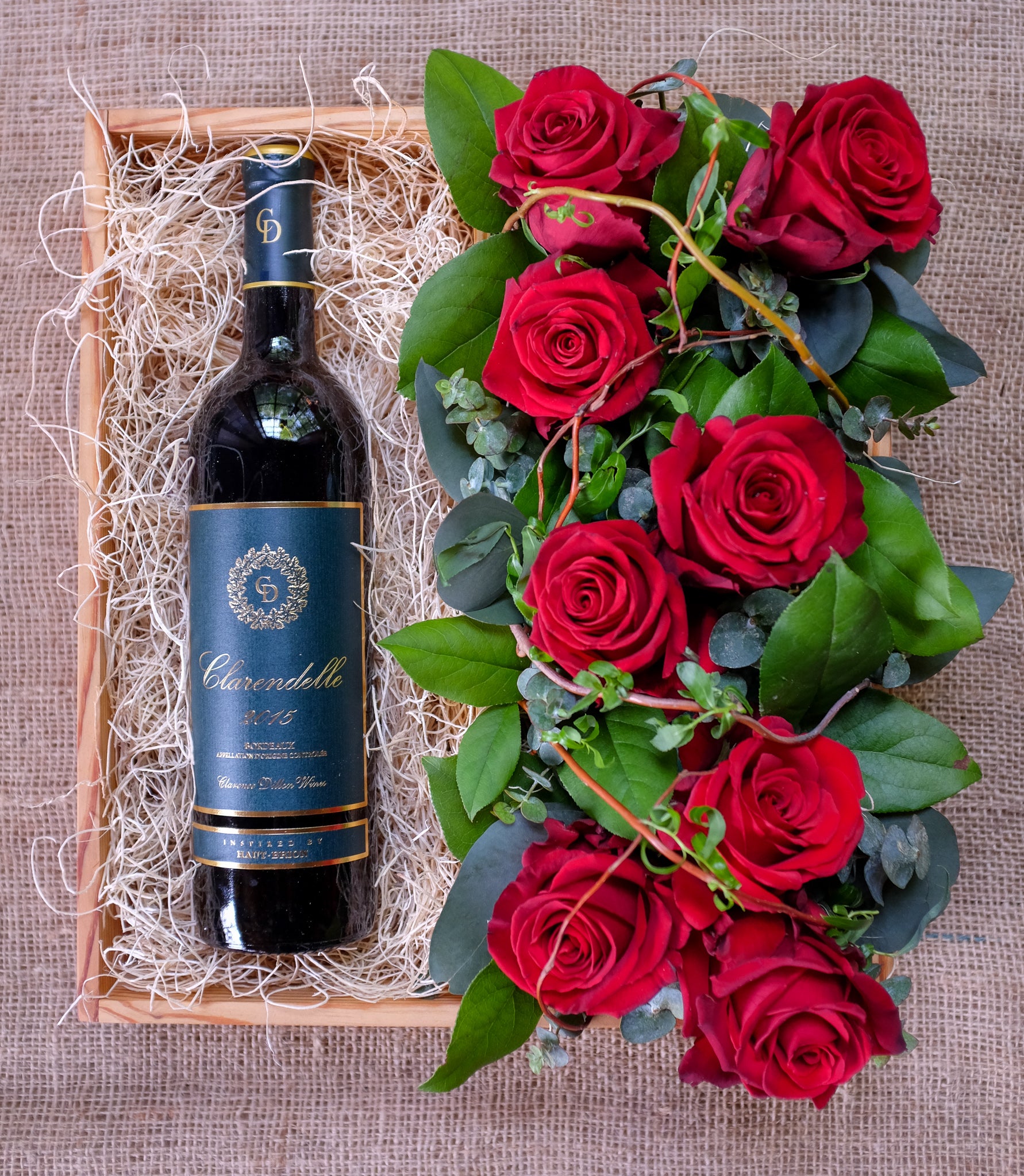 Red Wine Gift Crate with Red Roses by Michler's Florist
