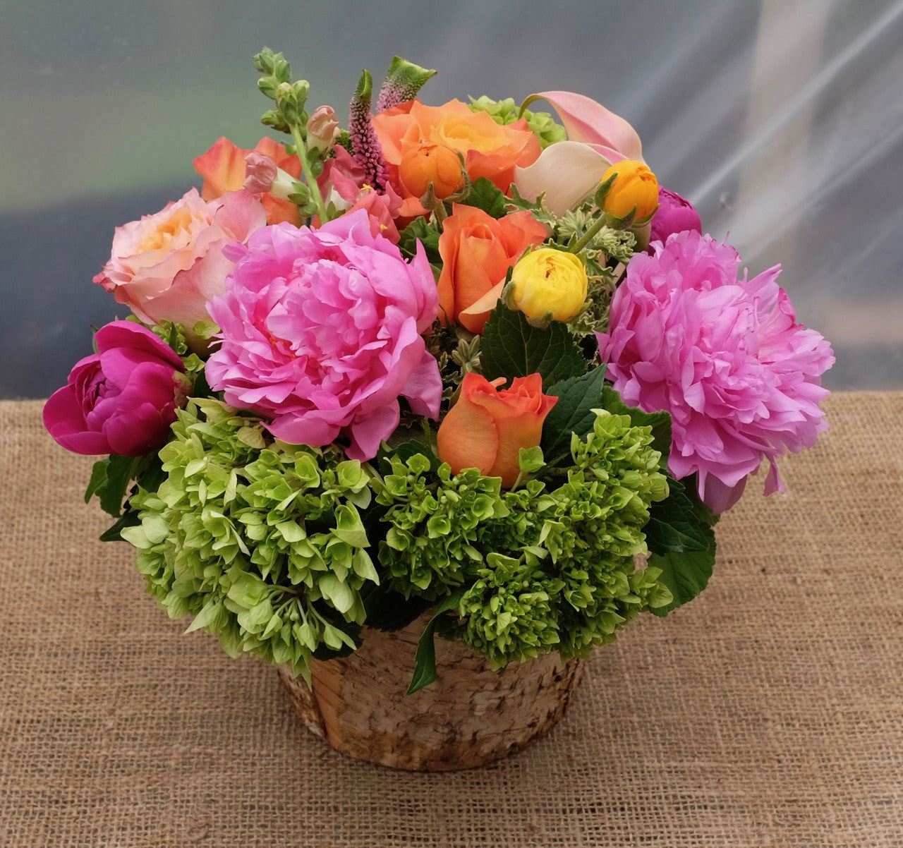 Sebastian Flower Arrangement: Designed in a birch container with Peonies, Roses, Hydrangea. Designed by Michler's Florist in Lexington, KY 