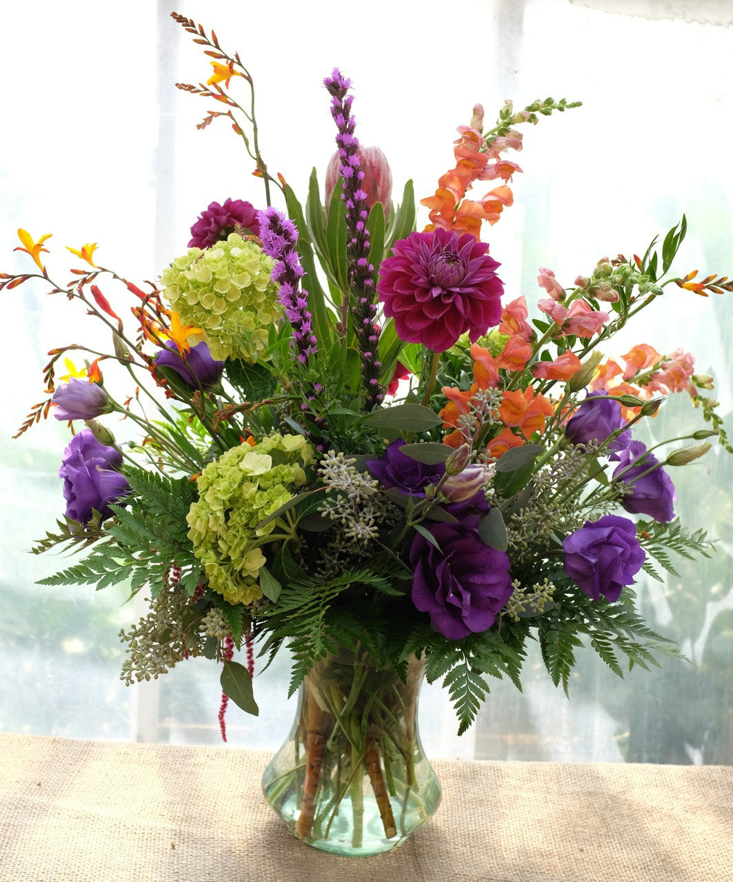 Sheffield Flower Vase designed with Crocosmia, Dahlias, Hydrangea & Lisianthus by Michler's Florist in Lexington, KY 