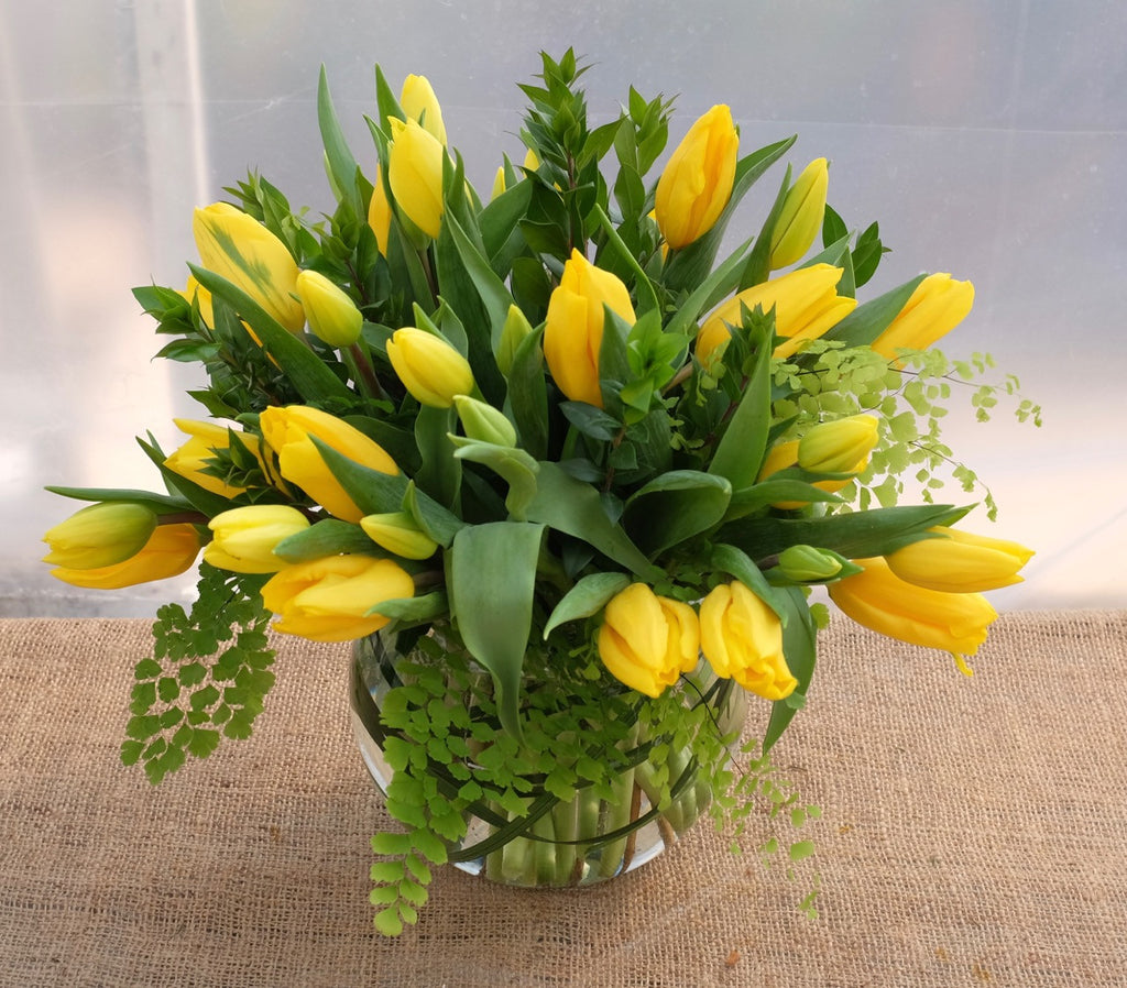 Tulip Bowl: Glass bubble bowl brimming with yellow tulips.  Designed by Michler's Florist in Lexington, KY