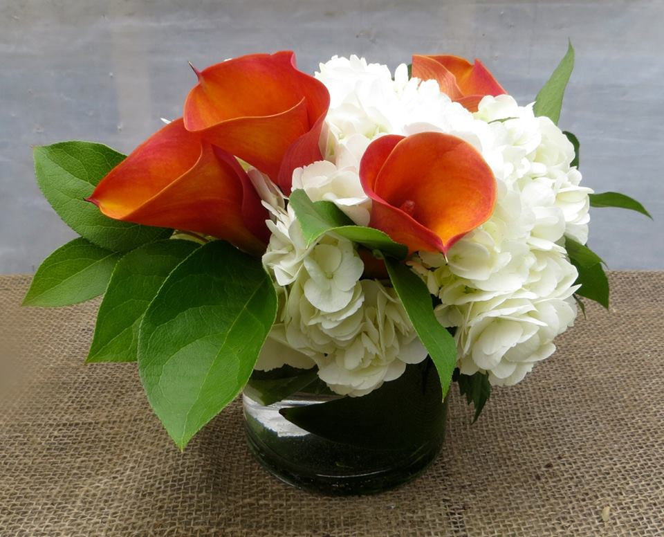 Valencia: Thanksgiving centerpiece with orange calla lilies, lemon leaves, and white hydrangea.