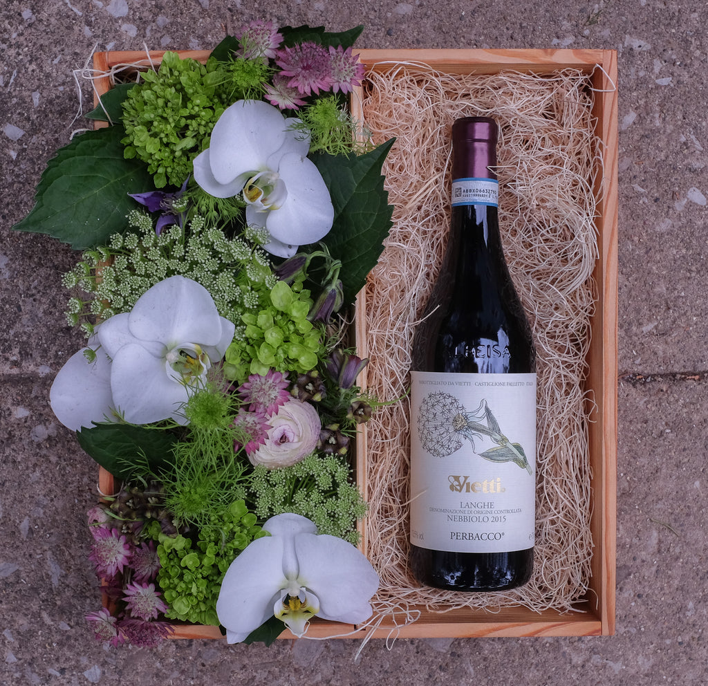 A Bottle of Vietti Red wine and Flowers in a Gift Crate