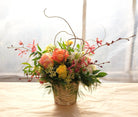 Viewmont: Thanksgiving Flowers with Aranthera Orchids and roses in a birch pot.  Michler's Florist
