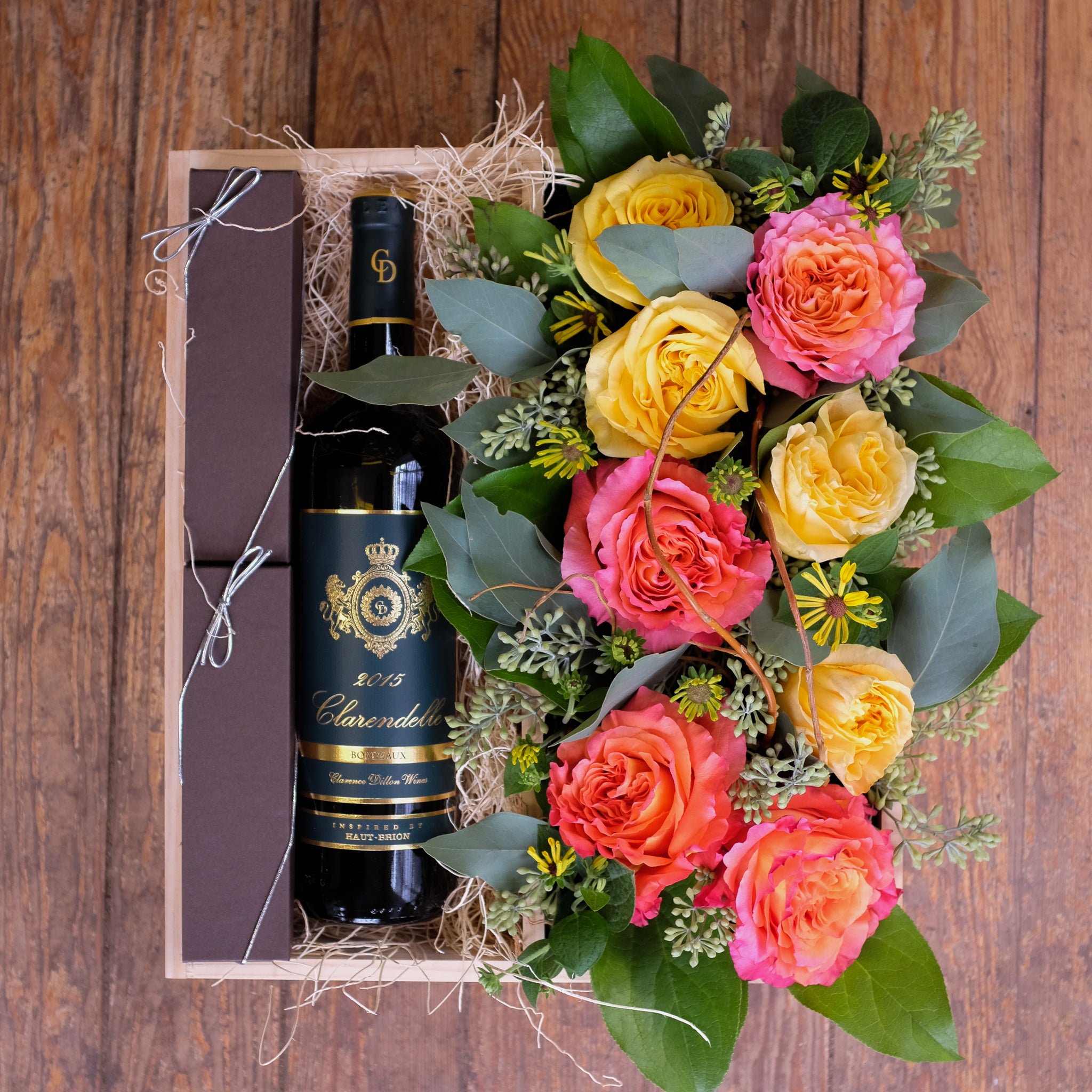 Wine, flowers and chocolates gift crate by Michler Florist, Lexington, KY.