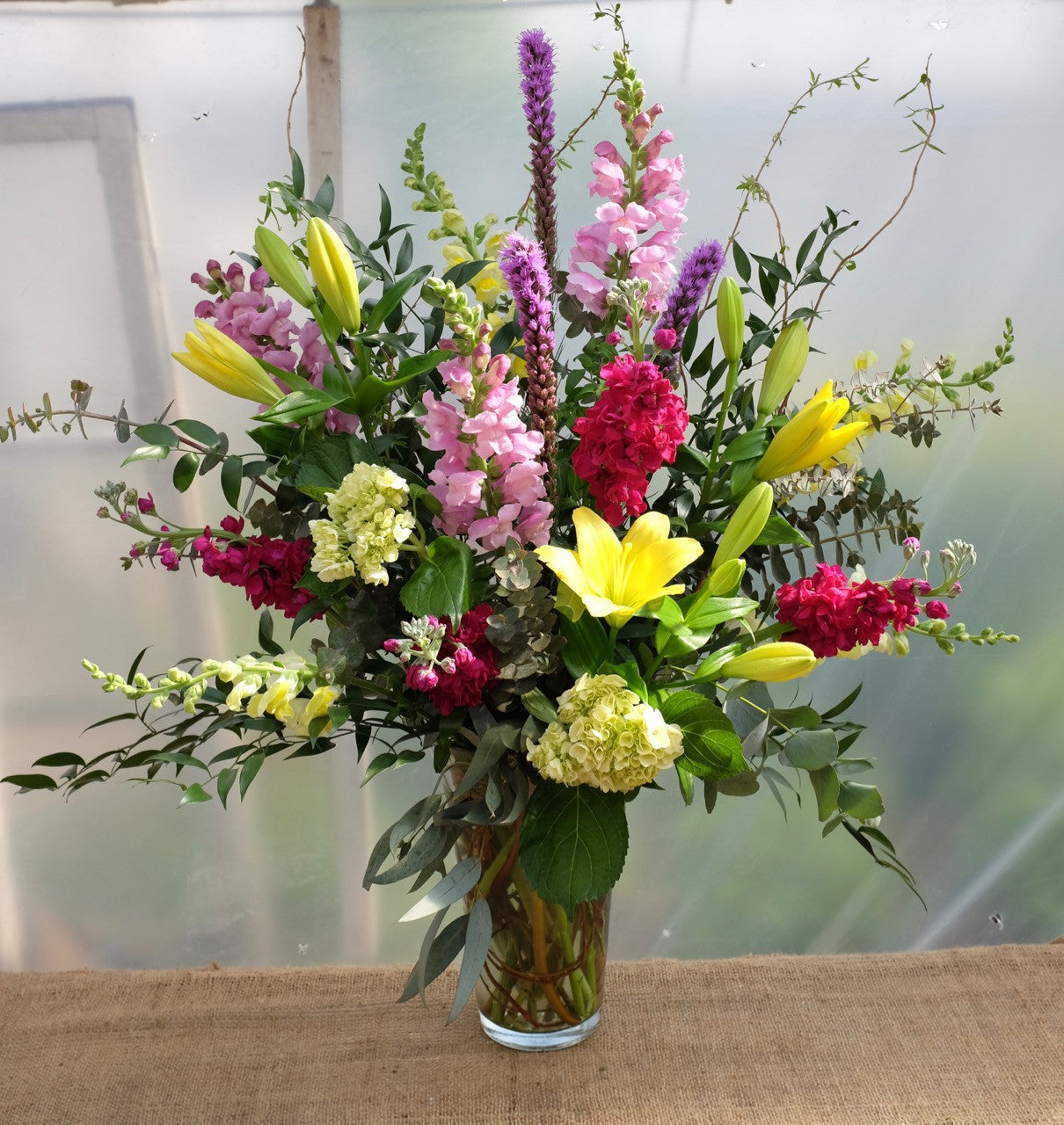 Zamora Large Floral Vase Arrangement designed with Liatris, Snapdragons, Matthiola, Hydrangea, and Lilies by Michler's Florist in Lexington, KY