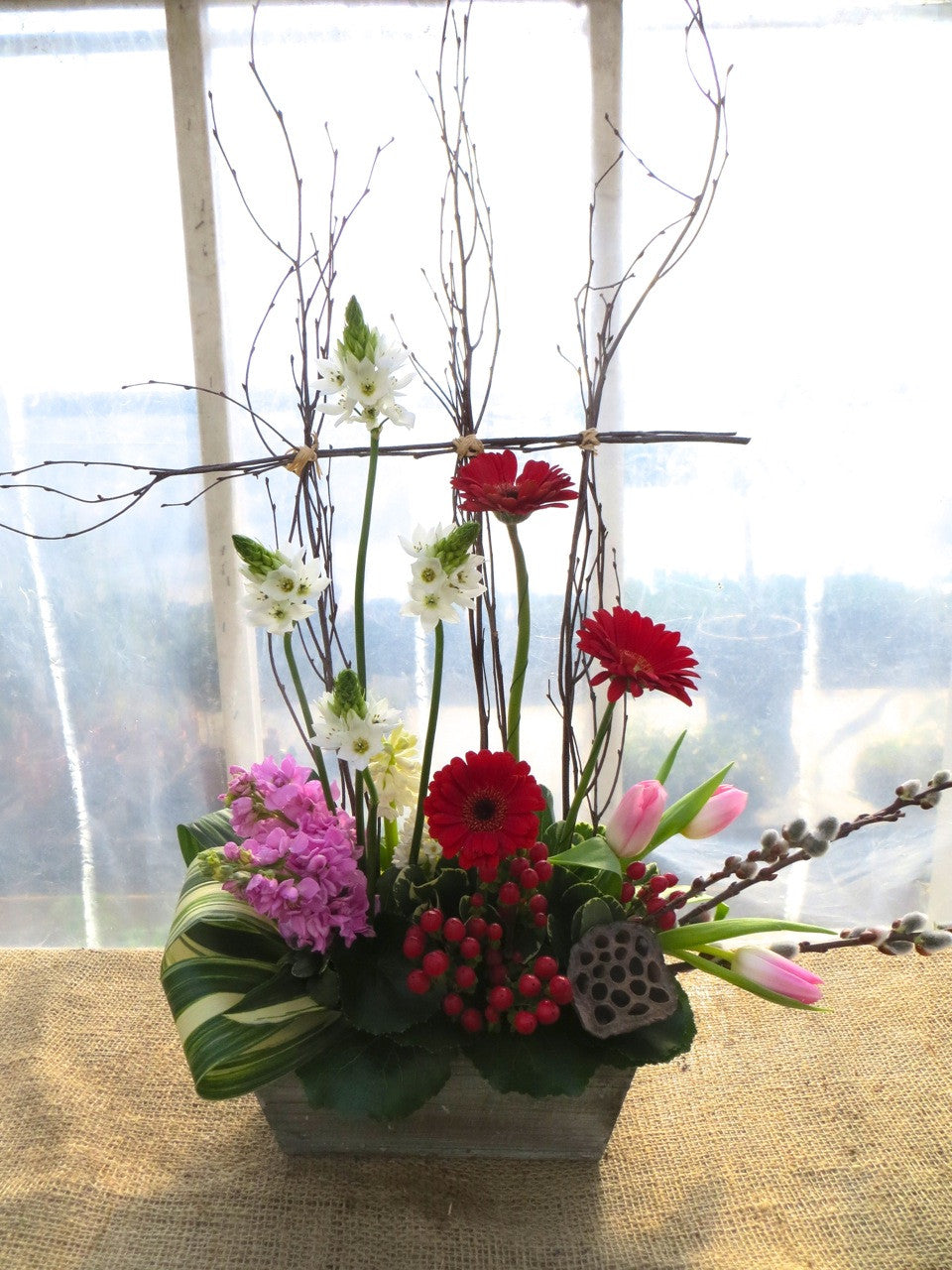 Garden Flower Box Arrangement with Gerbera Daisies, Star of Bethlehem, and Pussy Willow | Michler's Florist 