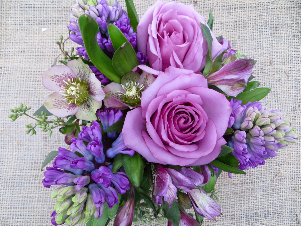 Lavender roses and hyacinth designed in a vase by Michler's Florist in Lexington, KY