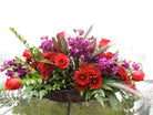 Fireside Funeral Basket with Mums, Stock and Red Roses. Designed by Michler's Florist in Lexington, KY